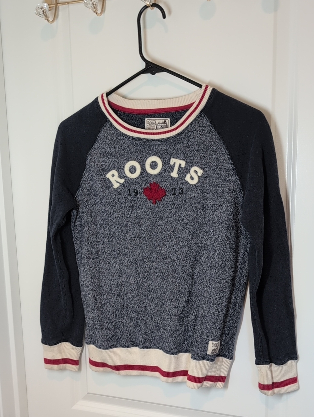 Roots Navy and Heathered Navy Crewneck with Red Maple Accent